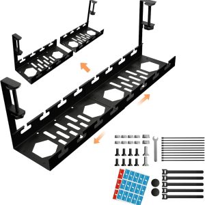 Under Desk Cable Management Tray, No Drilling Hole 22 Inch Retractable Cable Management Tray,Cable Management Rack with Clamp,Suitable for Office and Home Desk for Wire Management